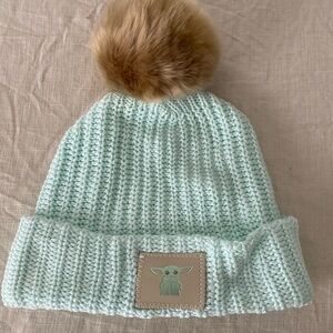 Light Green Knit Beanie with Faux Fur Pom